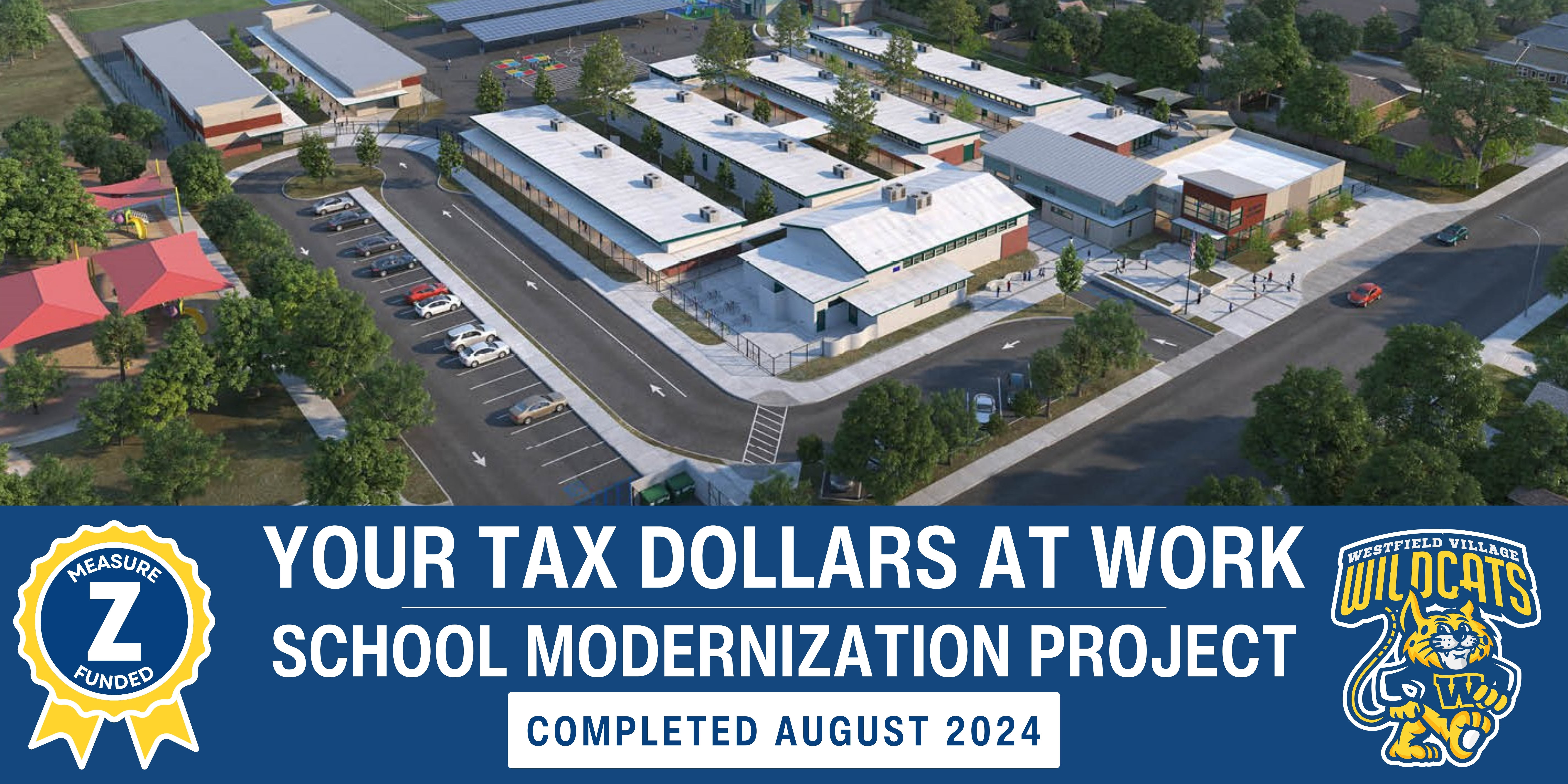 Aerial photo of Westfield Village School campus modernization rendering. 