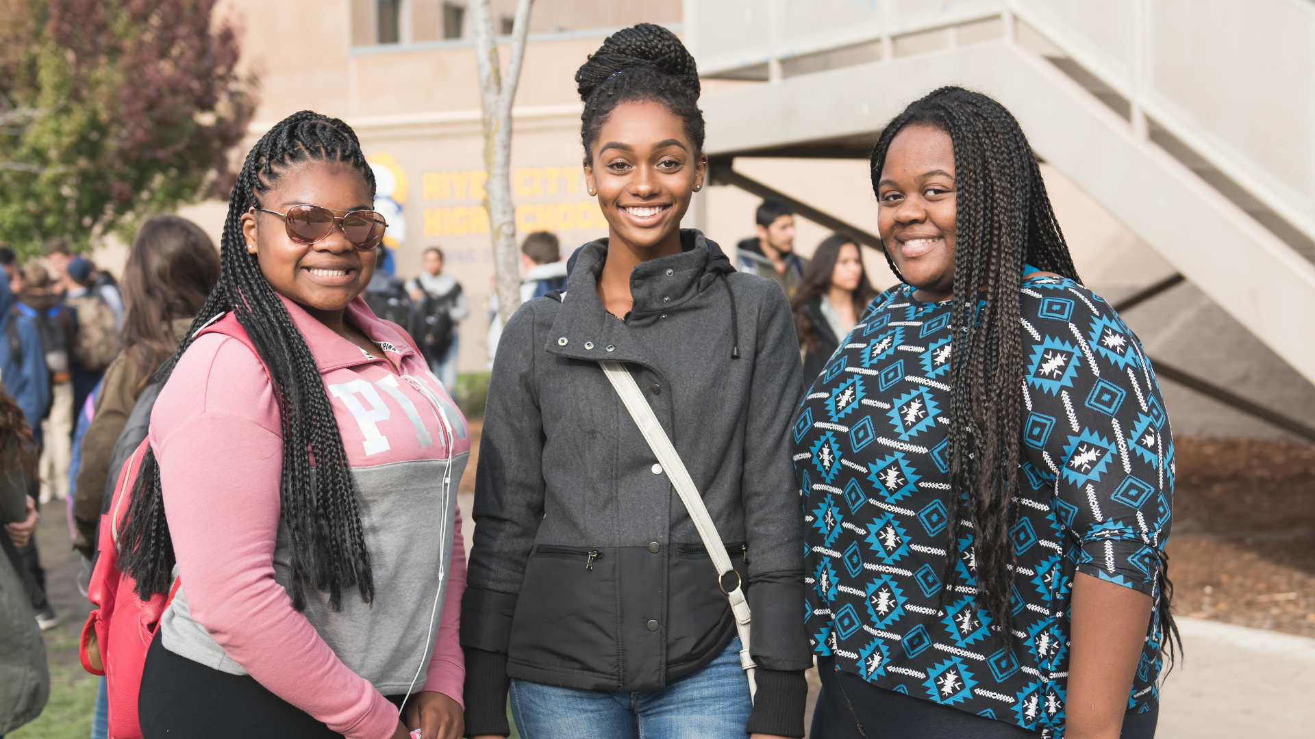 high school students standing in quad