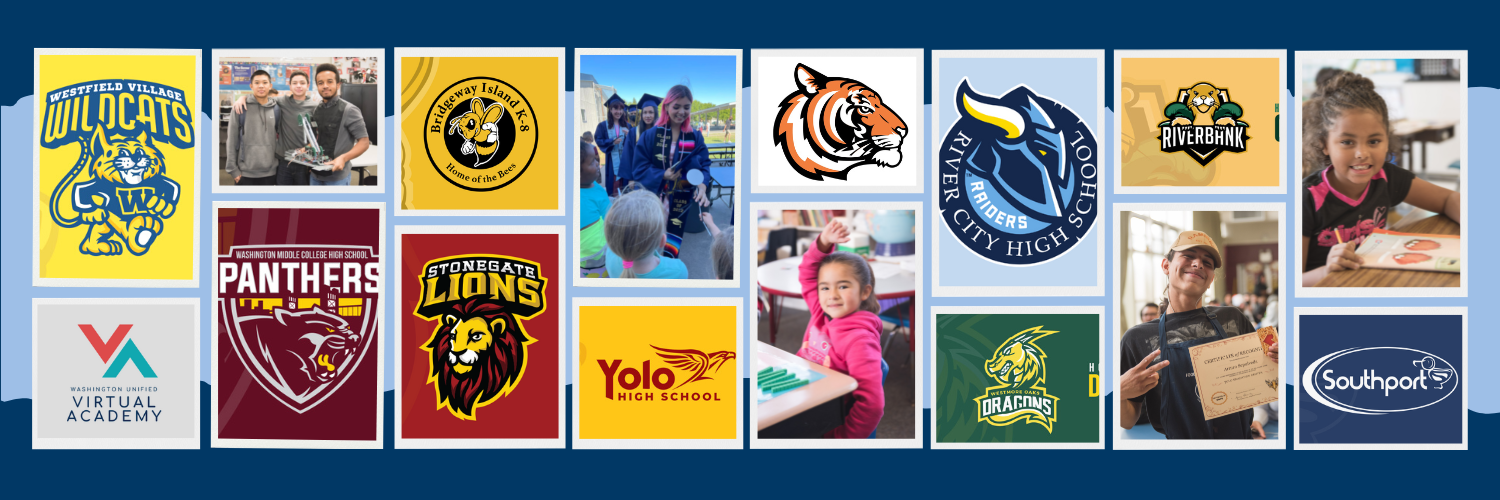collage of all school logos and photos of students